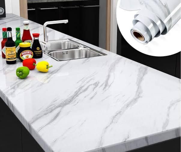 Self Adhesive White & Black Marble Sheet Sticker For Kitchen
