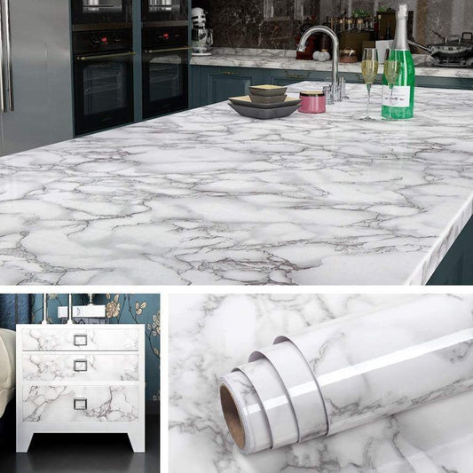 Self Adhesive White & Black Marble Sheet Sticker For Kitchen